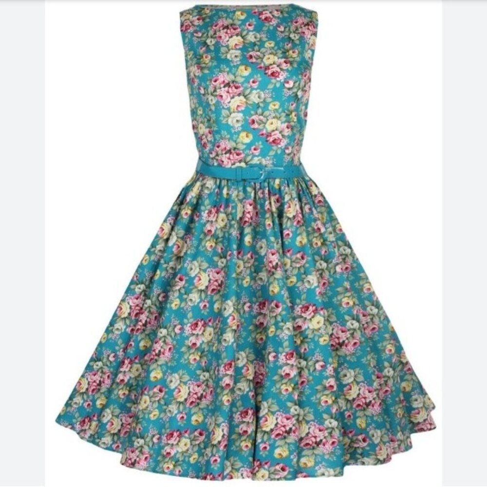 Lindy Bop Women's Audrey Vintage Inspired Rockabilly Floral Turquoise Dress